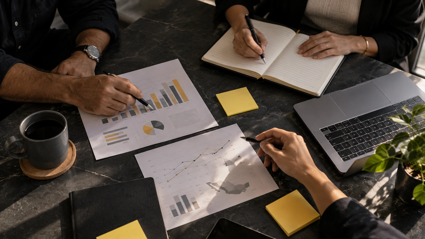 Mesa de trabajo con materiales para analizar objetivos y planear una estrategia comercial